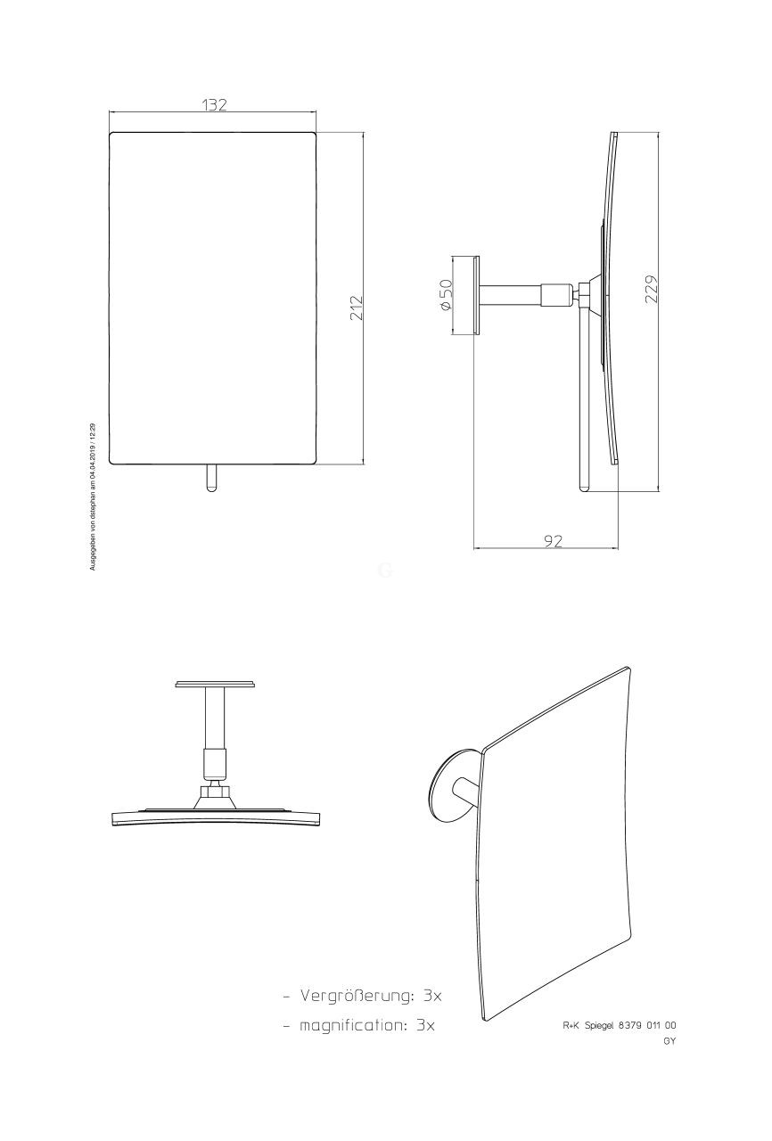 Frasco Sential Klebespiegel, 1-armig, 3-fach, eckig, 132 x 208 mm - FRASCO